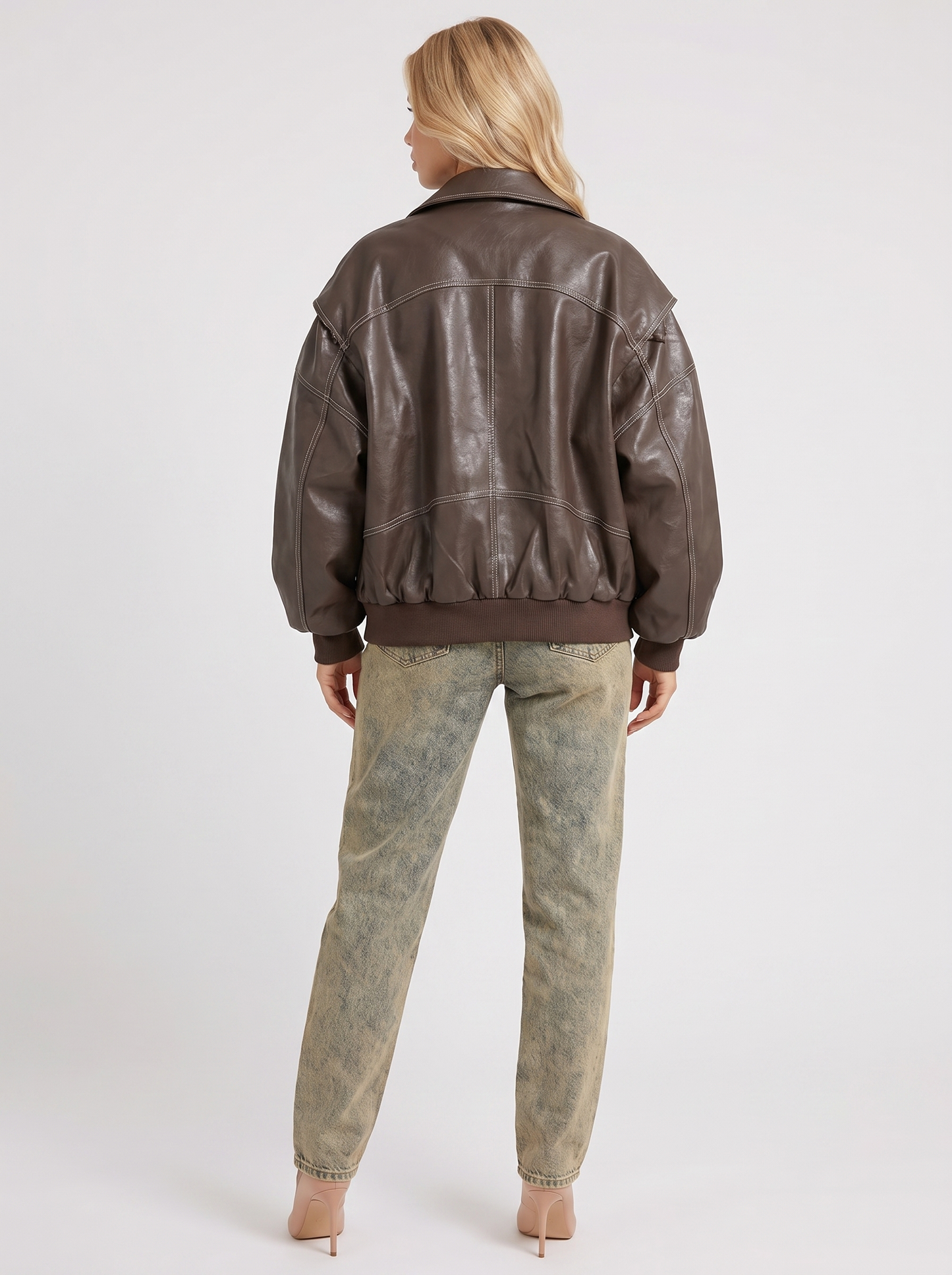 Women brown oversized distressed faux leather bomber jacket with contrast topstitching, back view