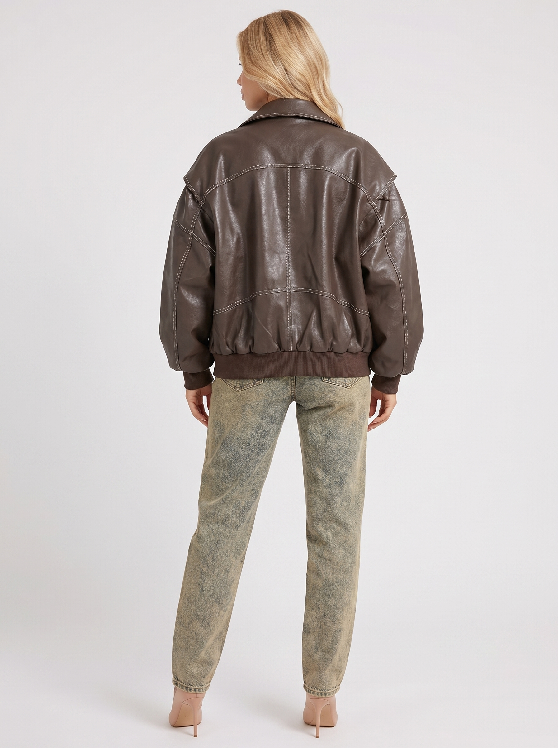 Women brown oversized distressed faux leather bomber jacket with contrast topstitching, back view