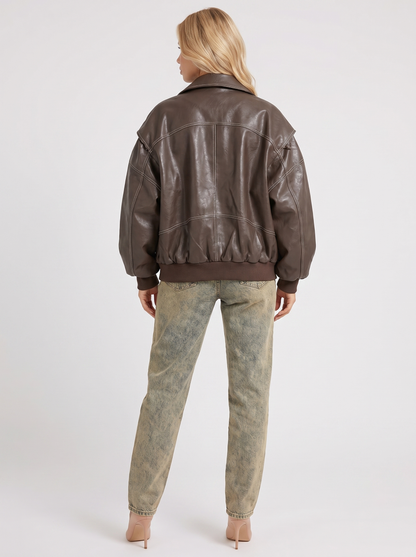 Women brown oversized distressed faux leather bomber jacket with contrast topstitching, back view