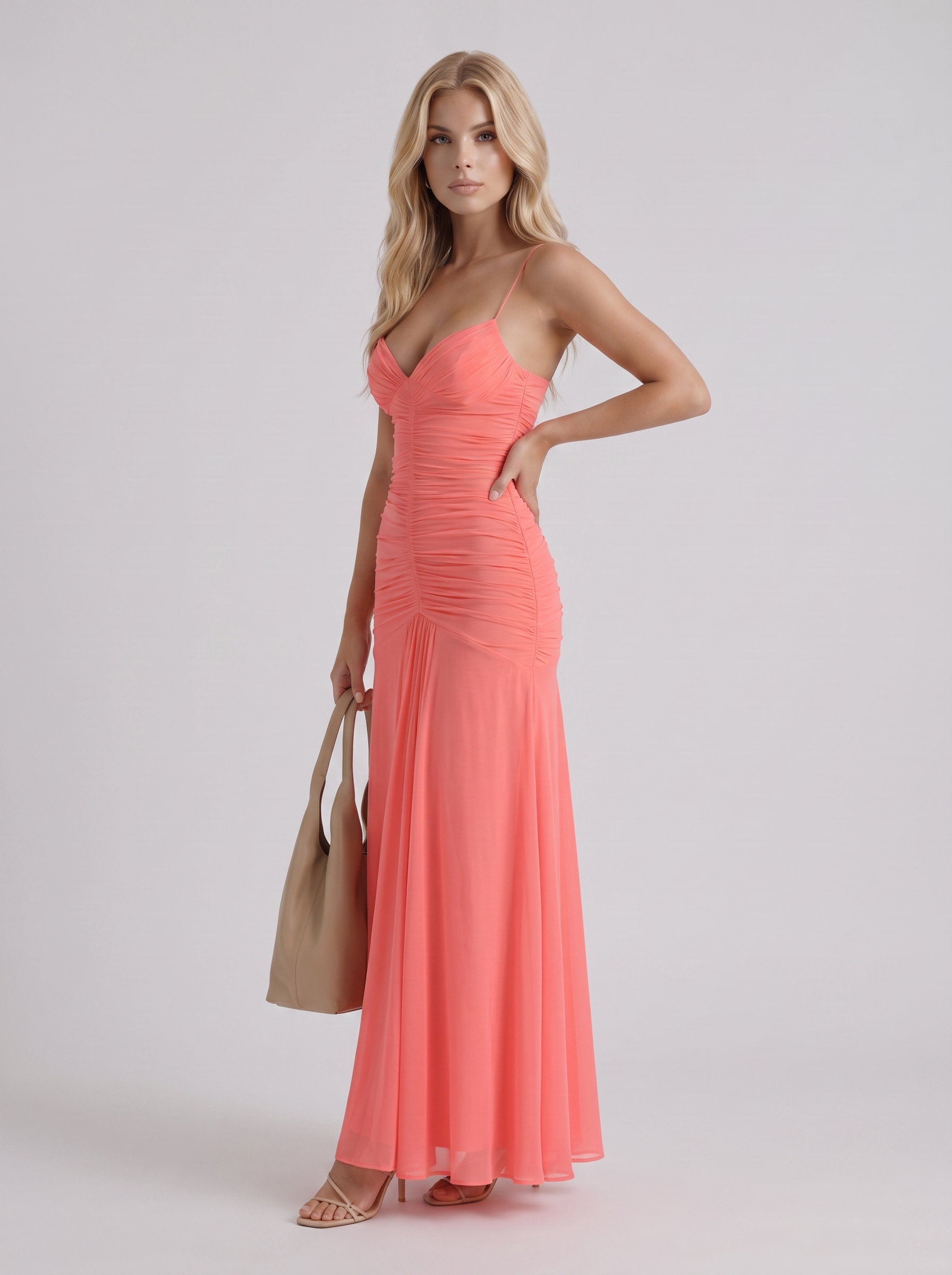 Women coral ruched mesh maxi dress with sweetheart neckline and flared skirt