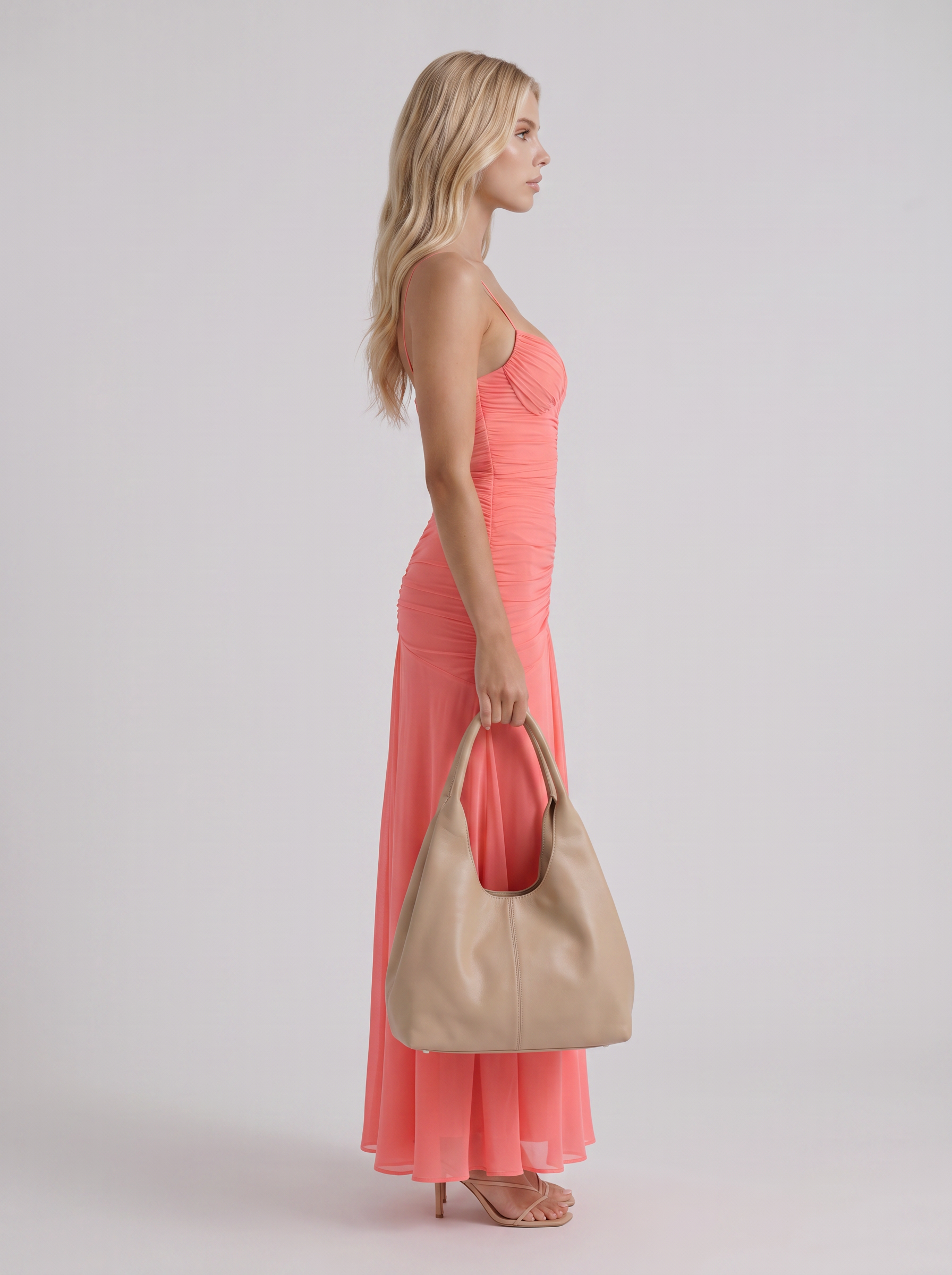 Women coral ruched mesh maxi dress with sweetheart neckline and flared skirt