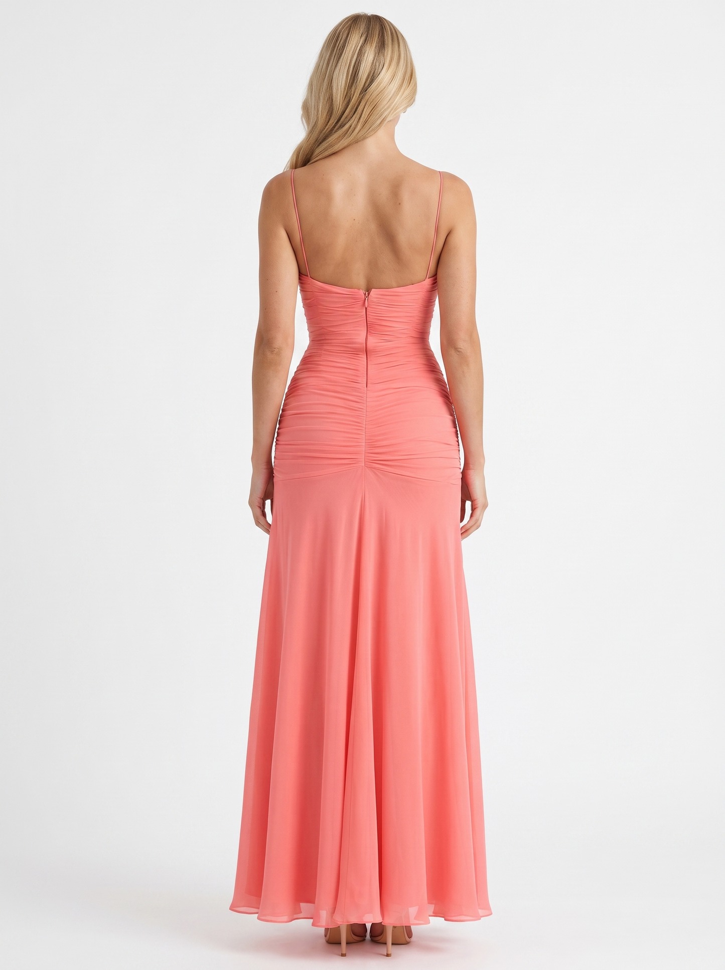 Women coral ruched mesh maxi dress with sweetheart neckline and flared skirt