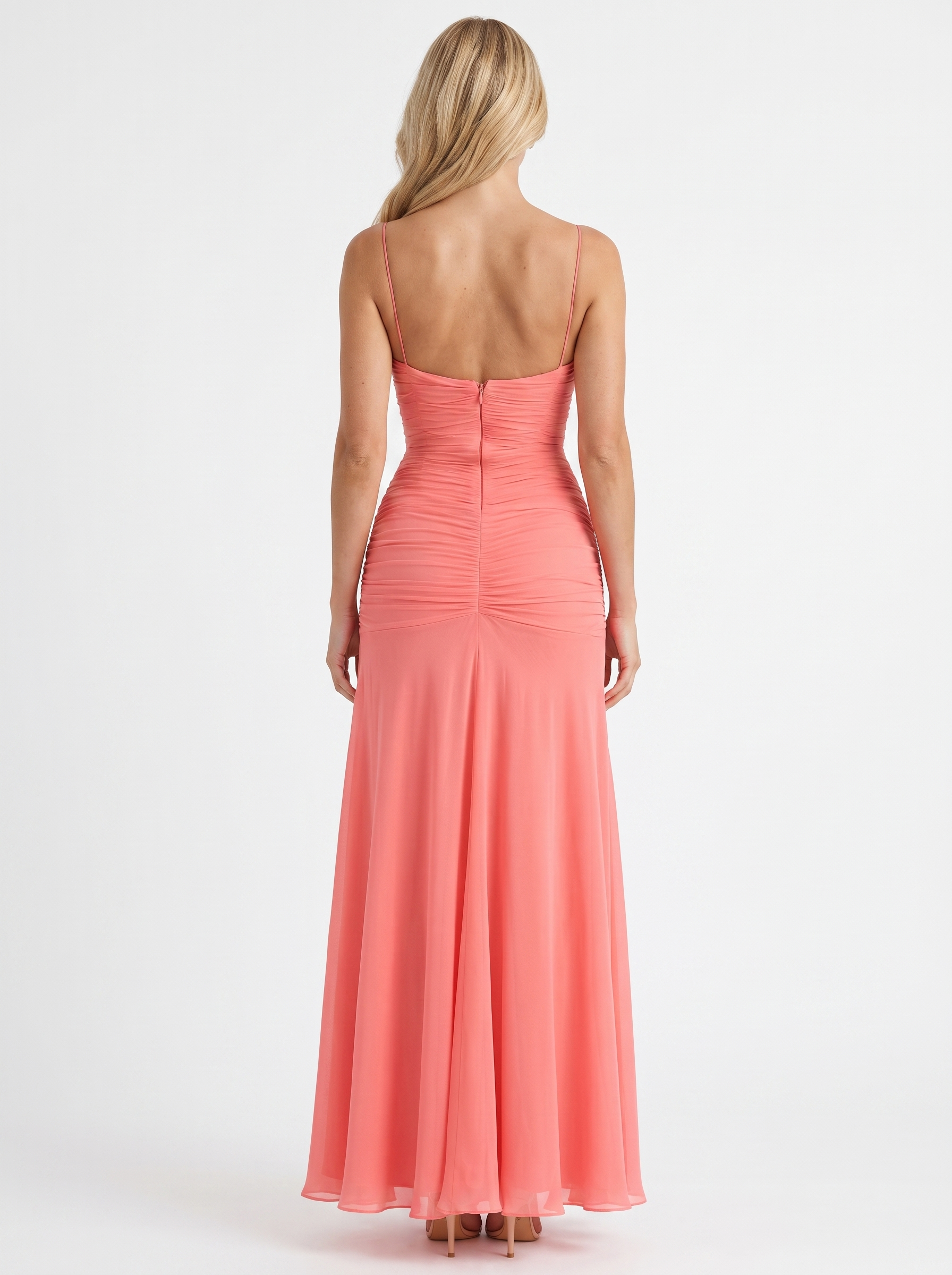 Women coral ruched mesh maxi dress with sweetheart neckline and flared skirt