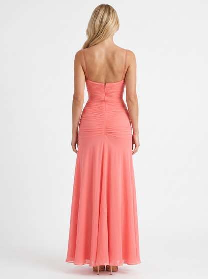 Women coral ruched mesh maxi dress with sweetheart neckline and flared skirt