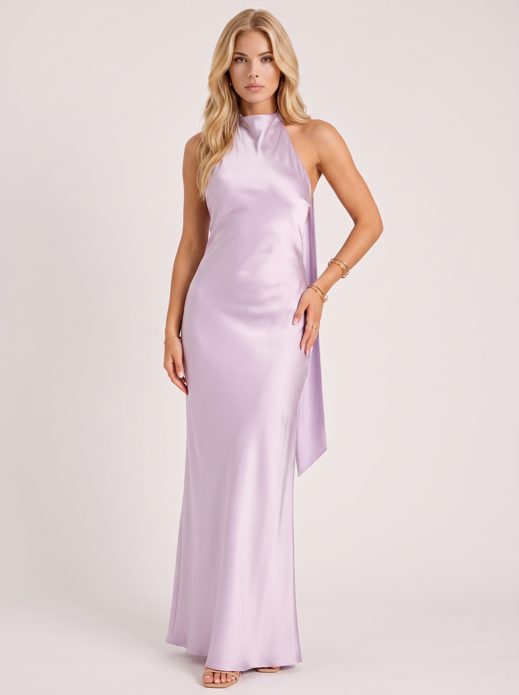 Women lavender satin halter maxi dress with open back