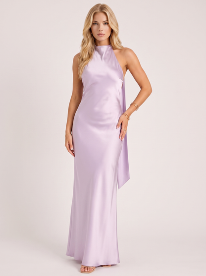 Women lavender satin halter maxi dress with open back