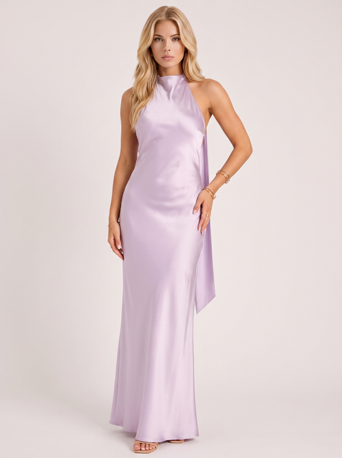 Women lavender satin halter maxi dress with open back