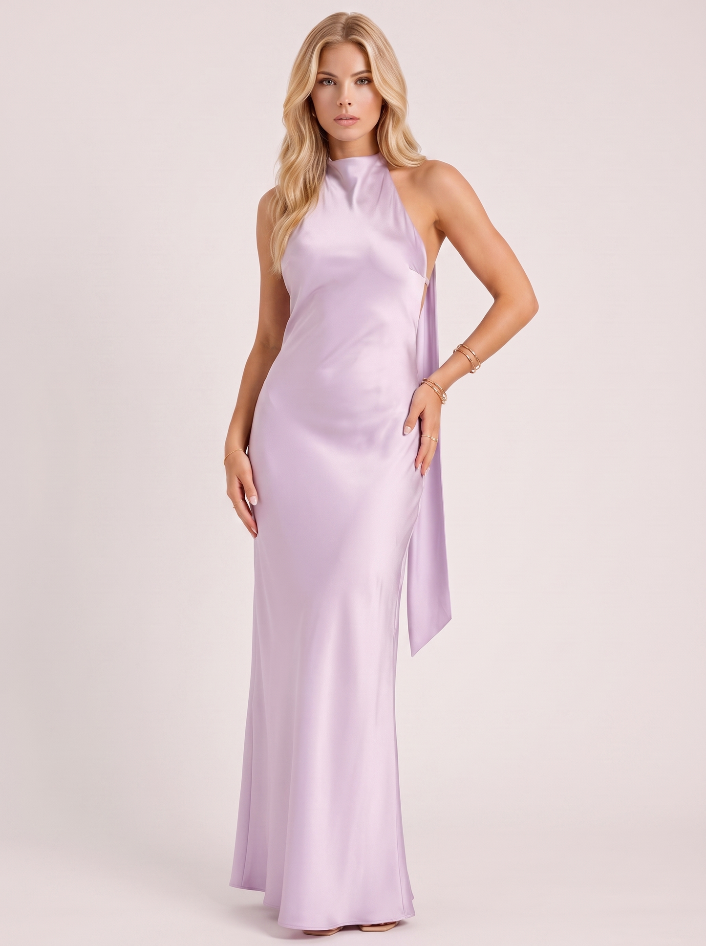 Women lavender satin halter maxi dress with open back