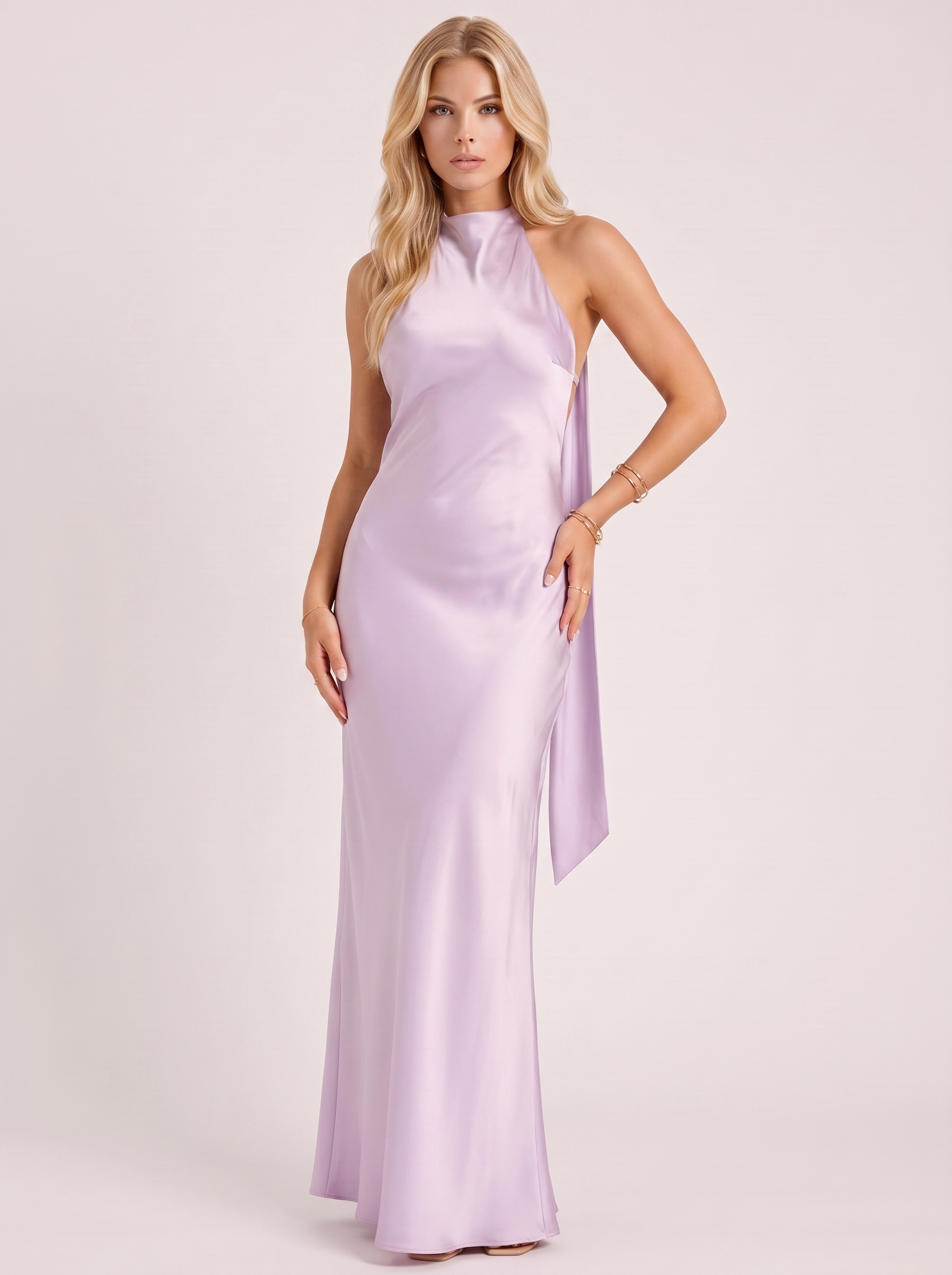 Women lavender satin halter maxi dress with open back