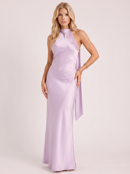 Women lavender satin halter maxi dress with open back