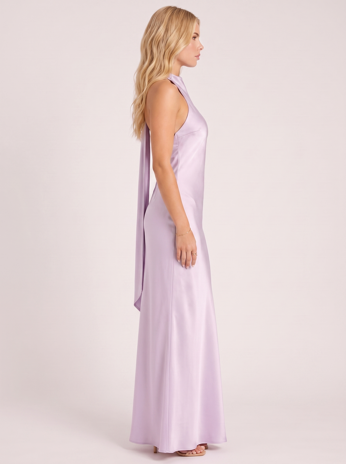 Women lavender satin halter maxi dress with open back
