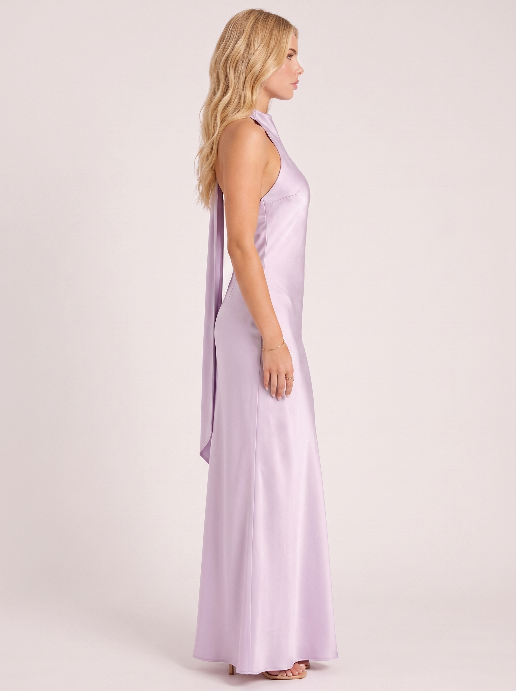 Women lavender satin halter maxi dress with open back