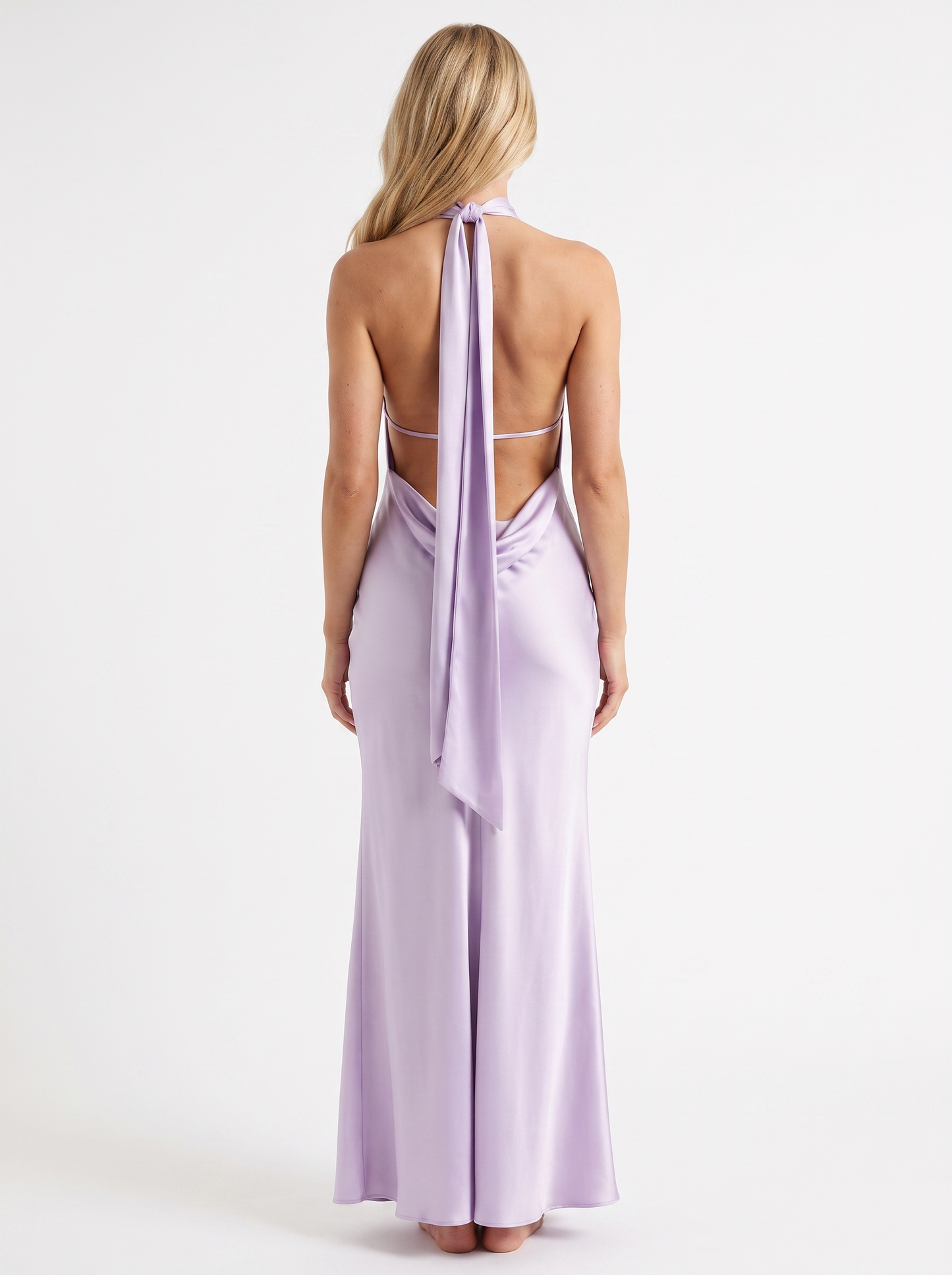 Women lavender satin halter maxi dress with open back