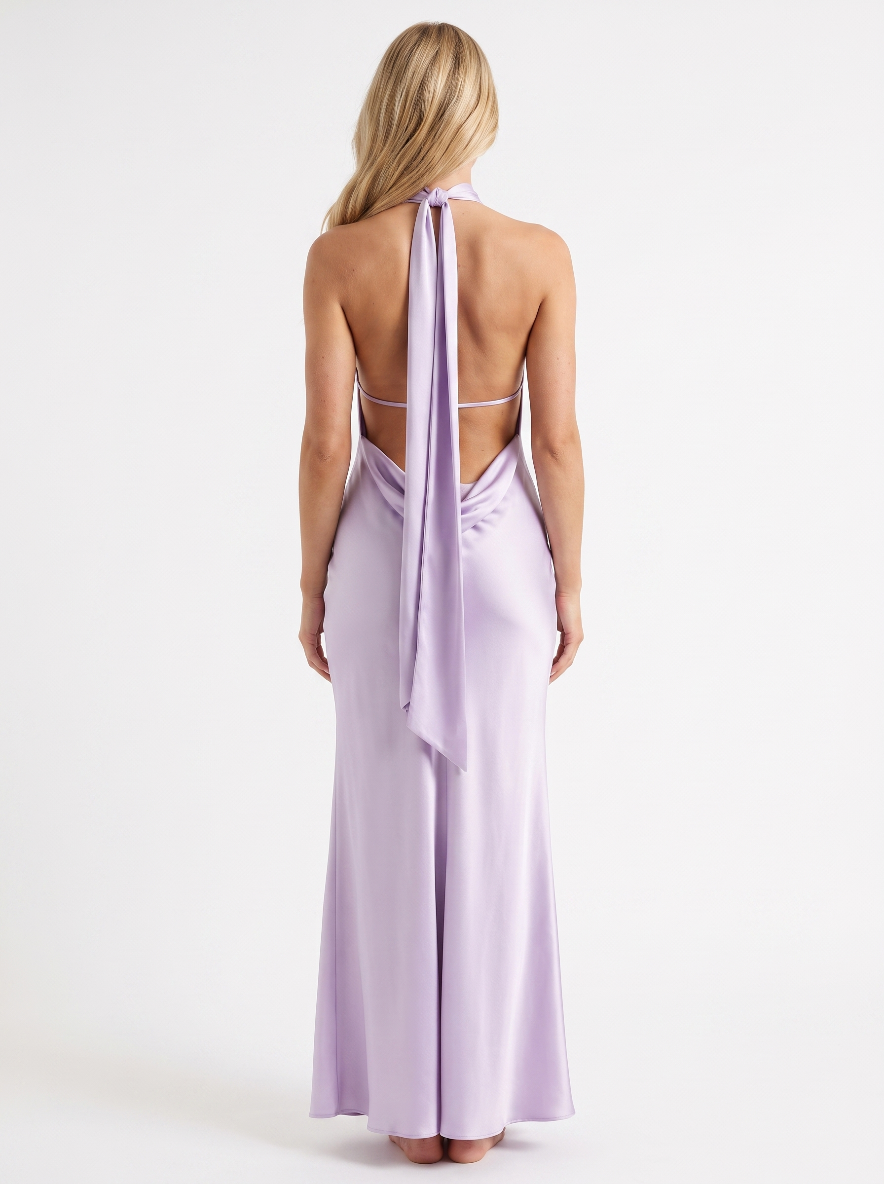 Women lavender satin halter maxi dress with open back