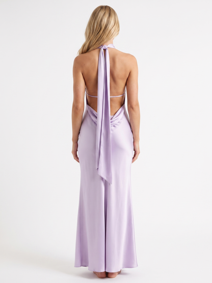 Women lavender satin halter maxi dress with open back