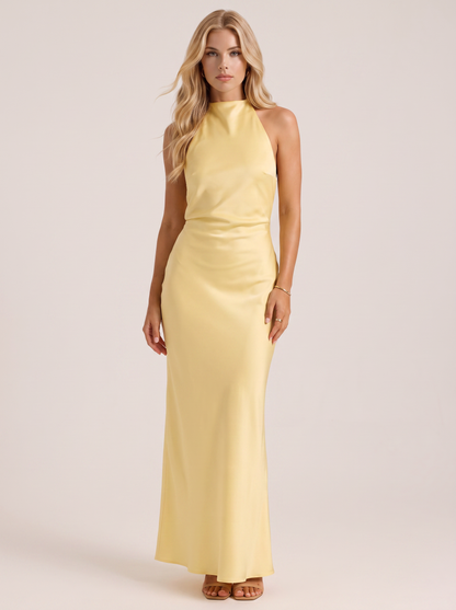 Women lemon satin halter maxi dress with open back
