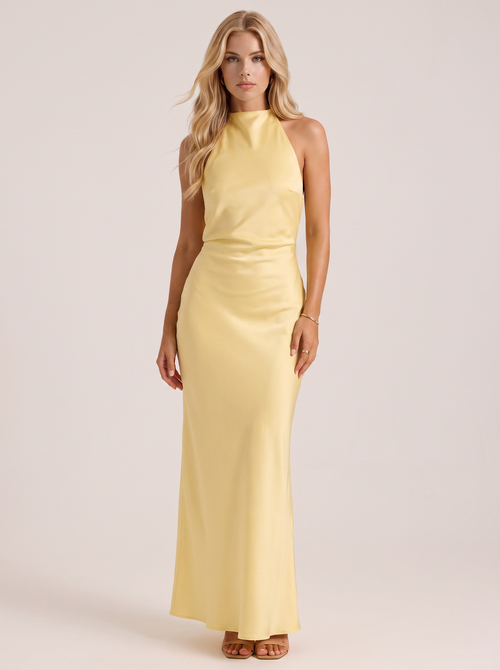 Women lemon satin halter maxi dress with open back