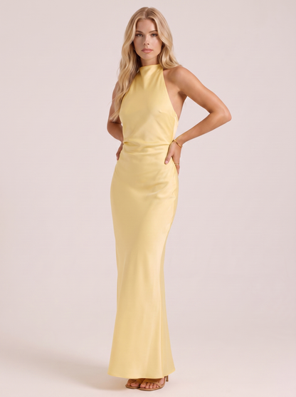 Women lemon satin halter maxi dress with open back