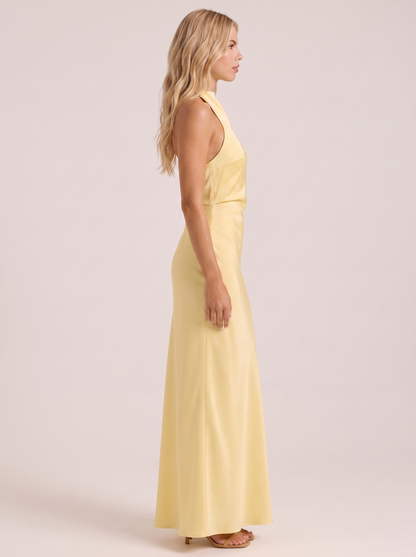 Women lemon satin halter maxi dress with open back