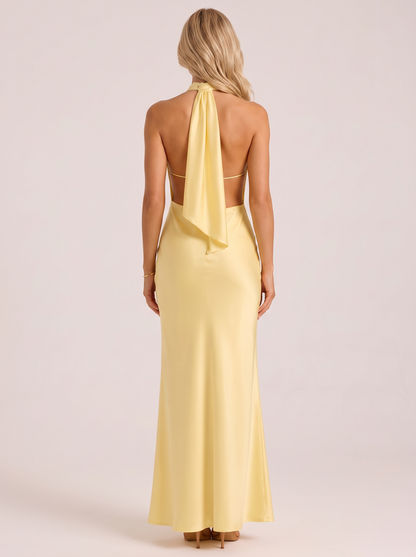 Women lemon satin halter maxi dress with open back