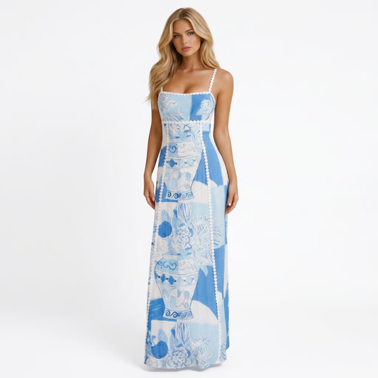 Blue mosaic print maxi dress with square neckline and spaghetti straps — front view