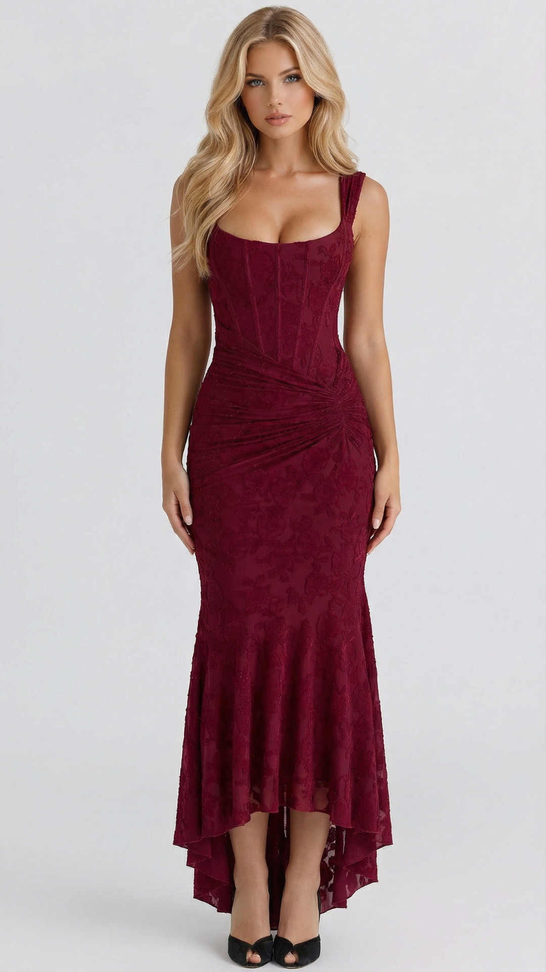 Women’s Sleeveless Midi Dress with Structured Bodice and Asymmetrical Hem