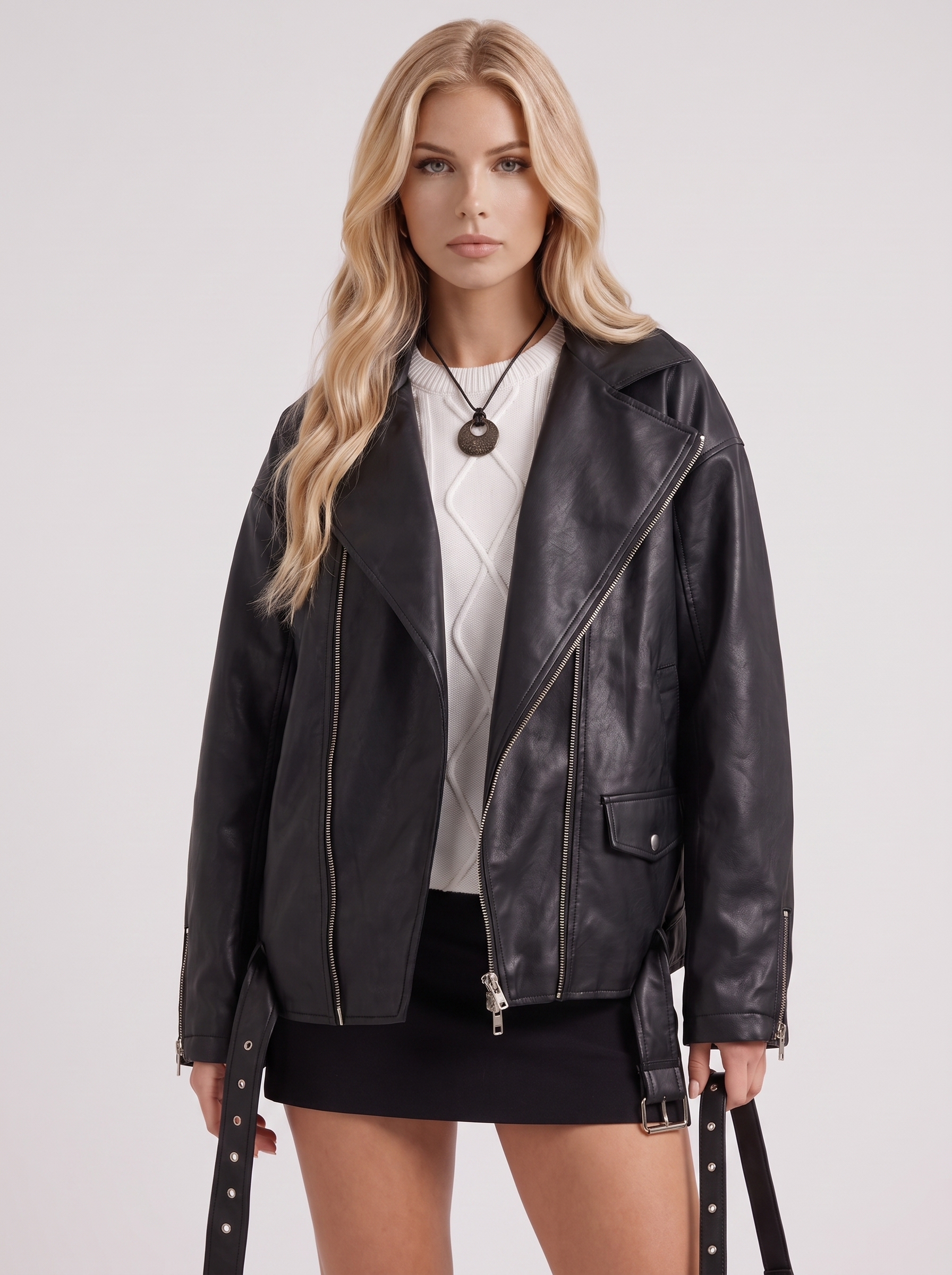 Women black oversized faux leather biker jacket with asymmetric zip and studded belt, front detail