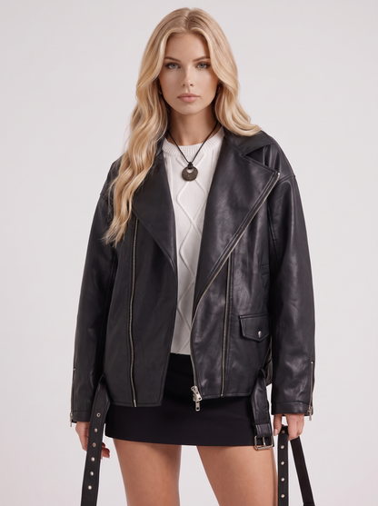 Women black oversized faux leather biker jacket with asymmetric zip and studded belt, front detail