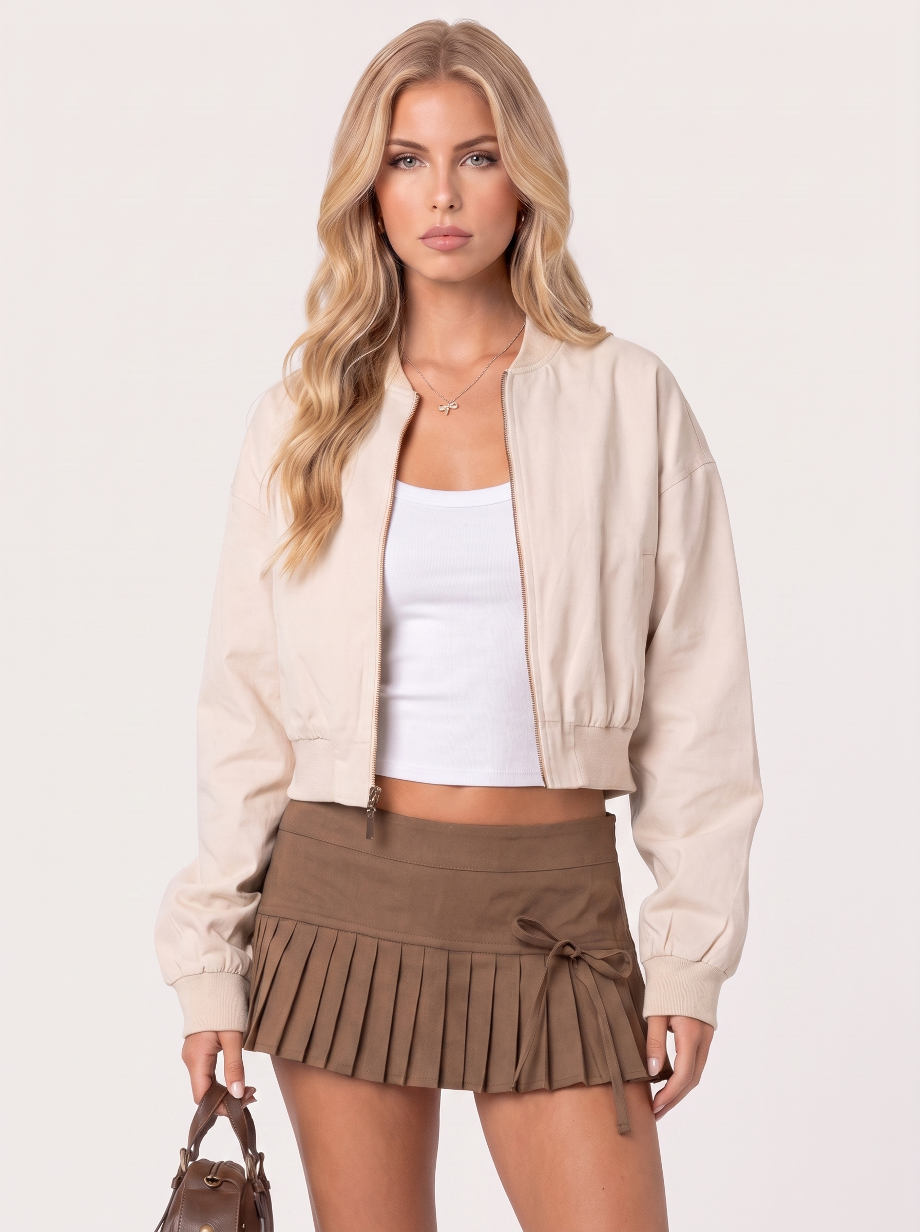 Women bone cropped bomber jacket with ribbed stand collar and centre front zip, front detail