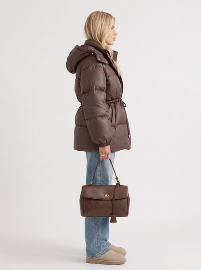 Women brown jacket with hooded design and zip front closure