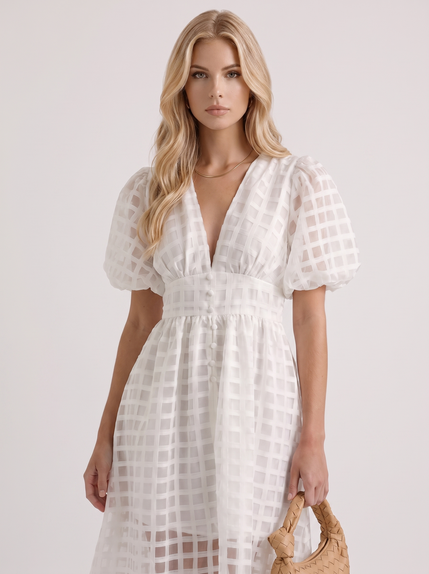 Colette Windowpane Midi Dress in White - midi dress front view