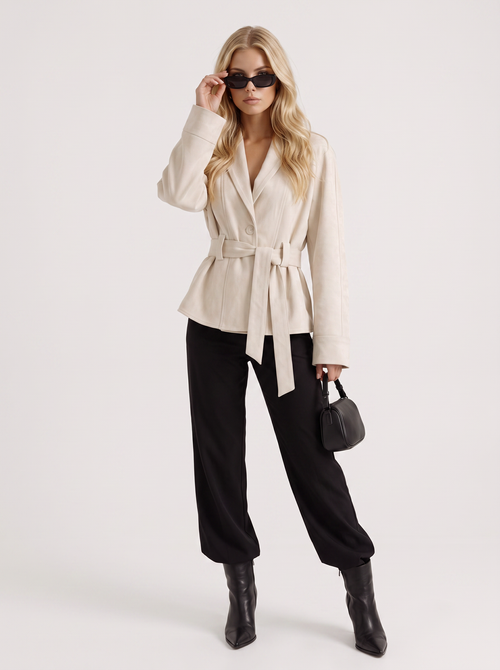 Women beige jacket with shawl collar and wrap front