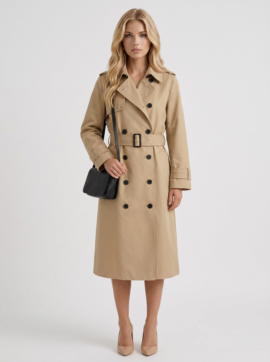 Women beige trench coat with double breasted front and collar and epaulettes