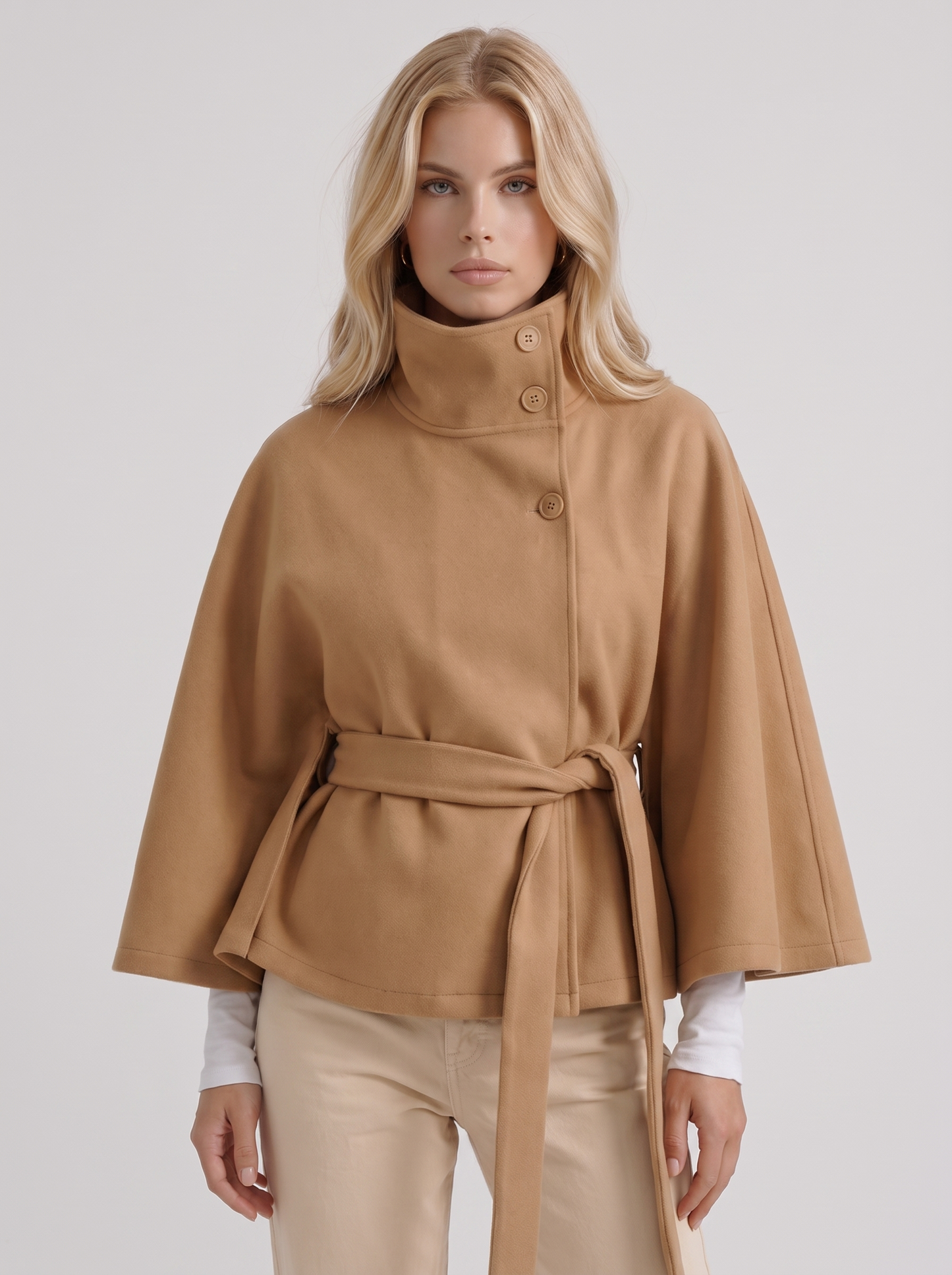 Josephine Cape Coat in Khaki - coat front view