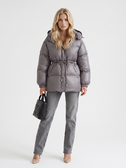 Women dark gray jacket with hooded design and zip front closure