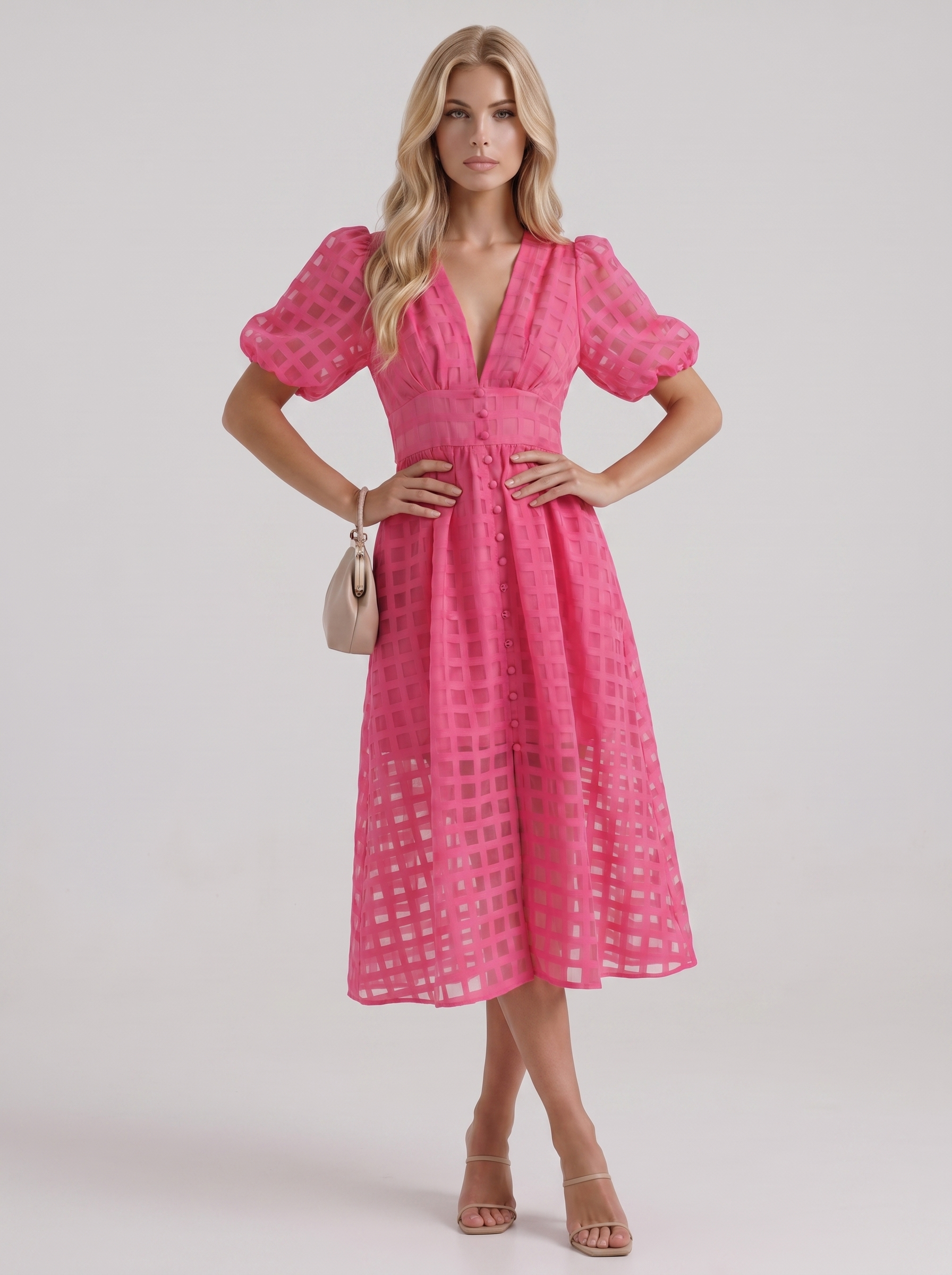 Colette Windowpane Midi Dress in Pink - midi dress front view