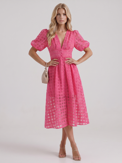 Colette Windowpane Midi Dress in Pink - midi dress front view