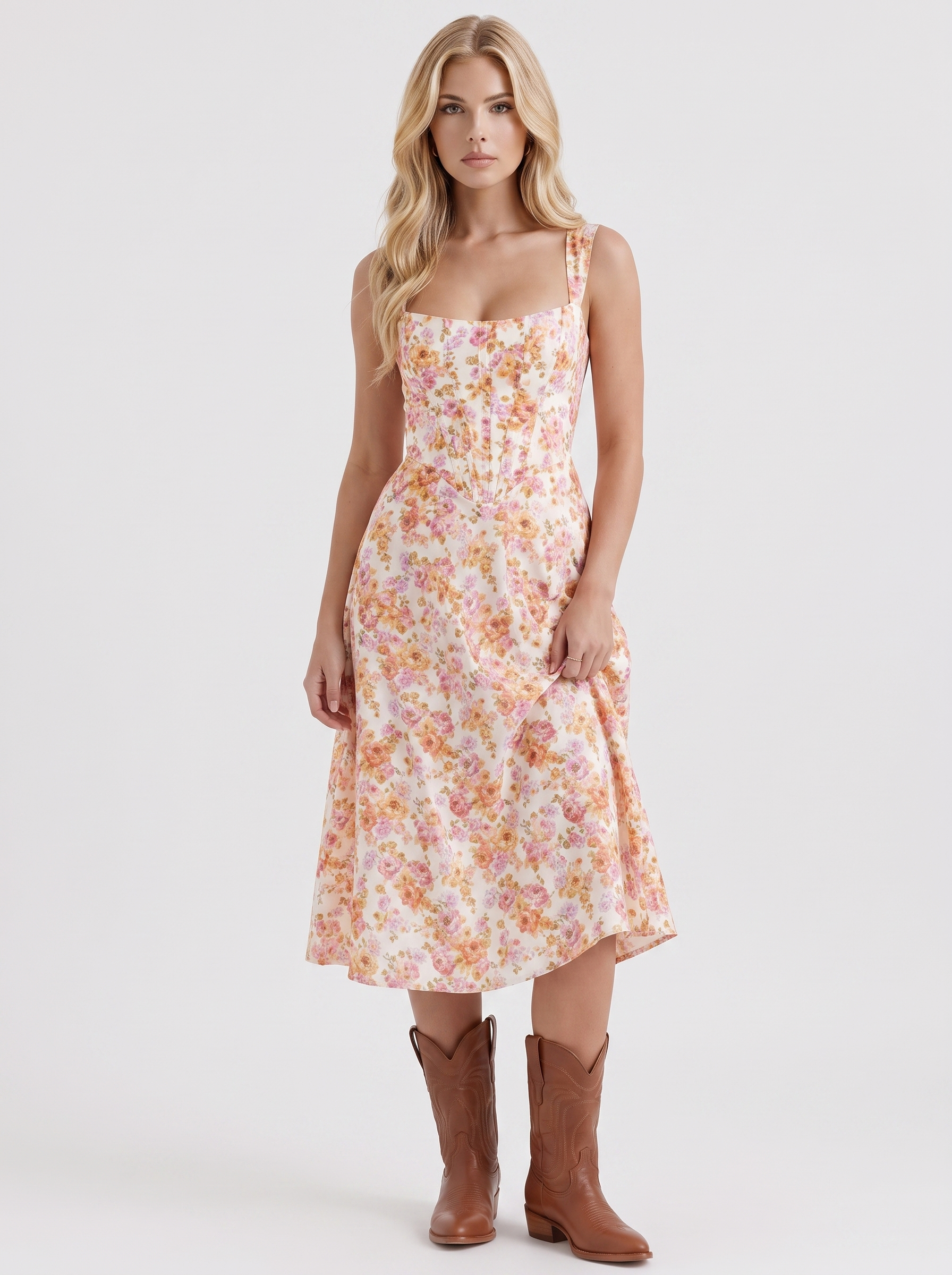 Women pink midi dress with floral print and corset bodice