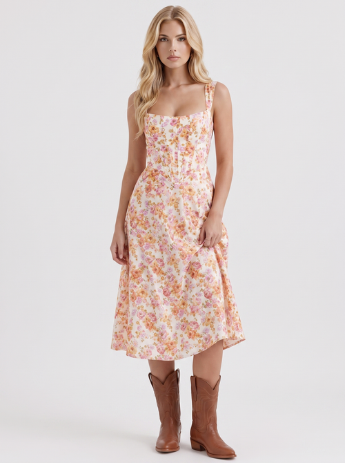 Women pink midi dress with floral print and corset bodice