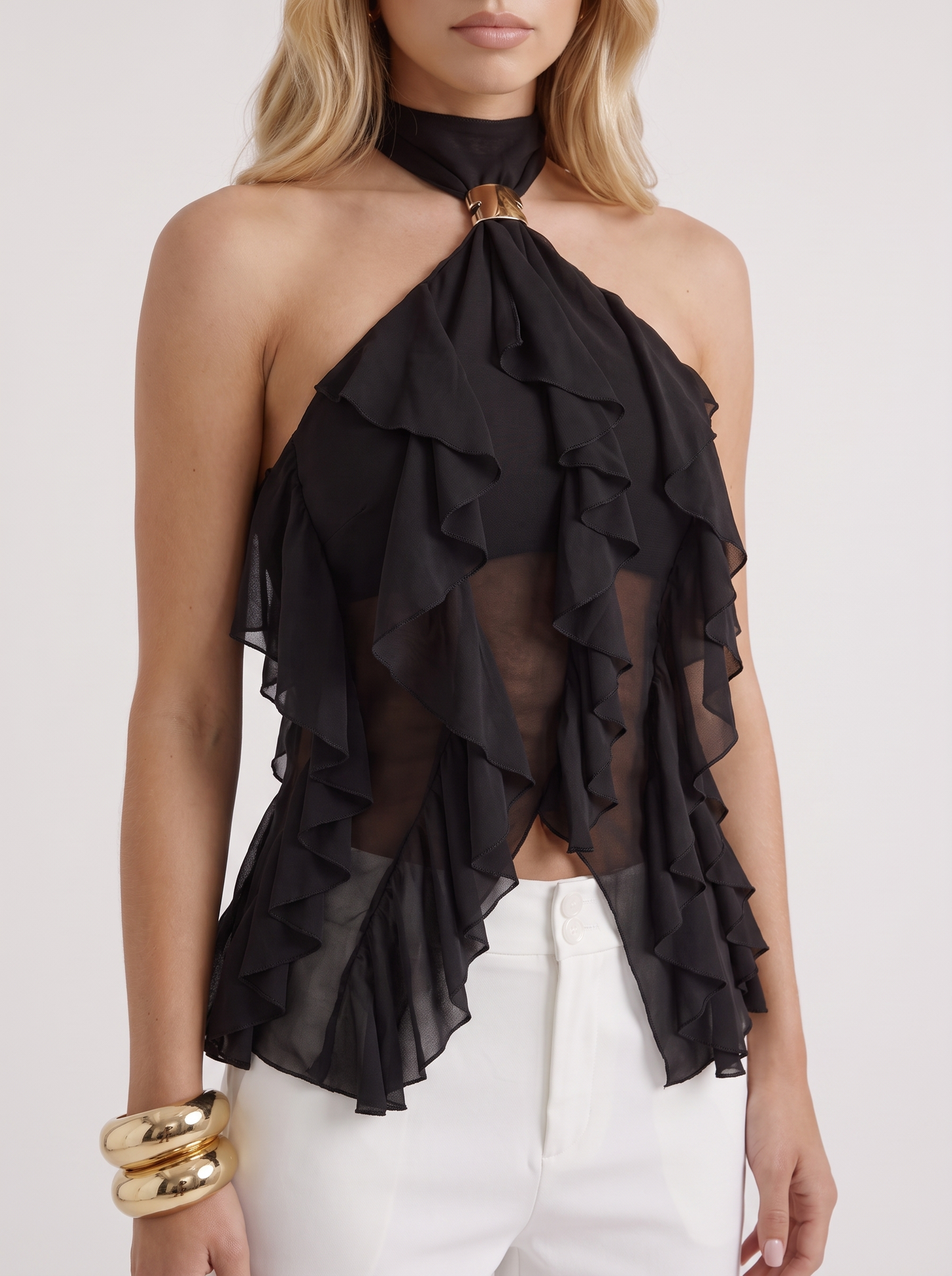 Romy Ruffle Top in Black - top front view