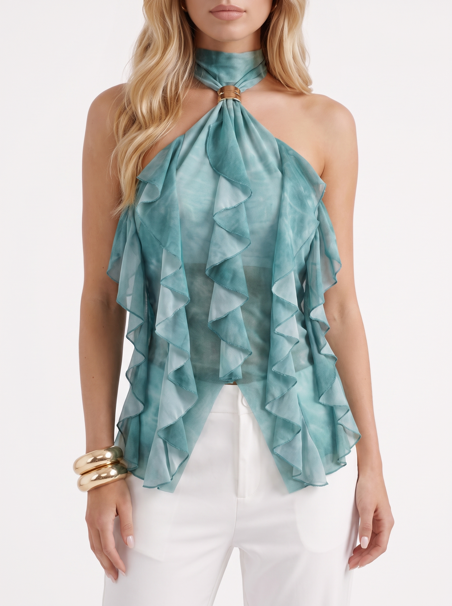 Romy Ruffle Top in Green - top front view
