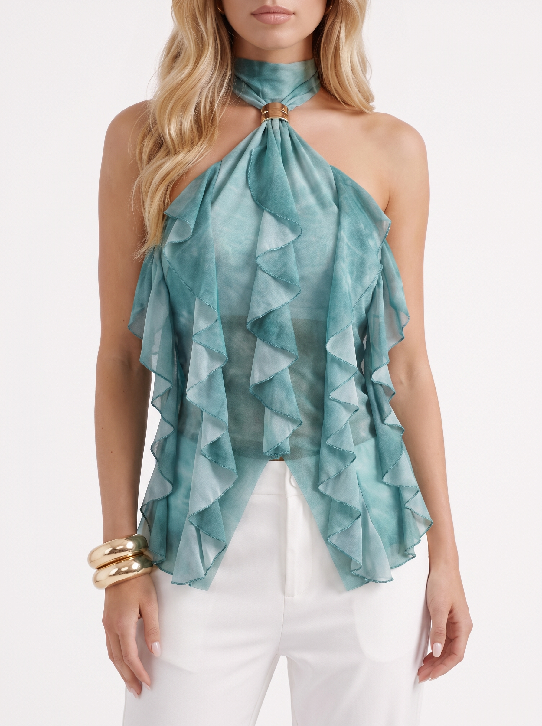 Romy Ruffle Top in Green - top front view