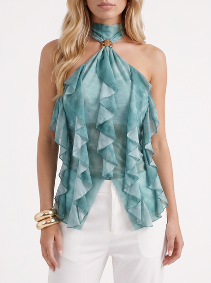 Romy Ruffle Top in Green - top front view