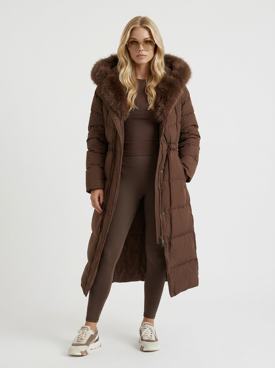 Women brown coat with fur trim hood and zip front closure