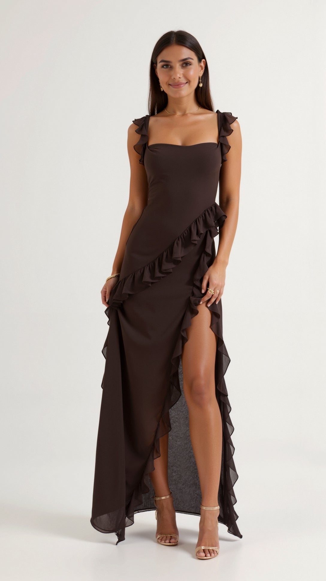 Women’s Sleeveless Maxi Dress with Ruffle Trim and Side Slit
