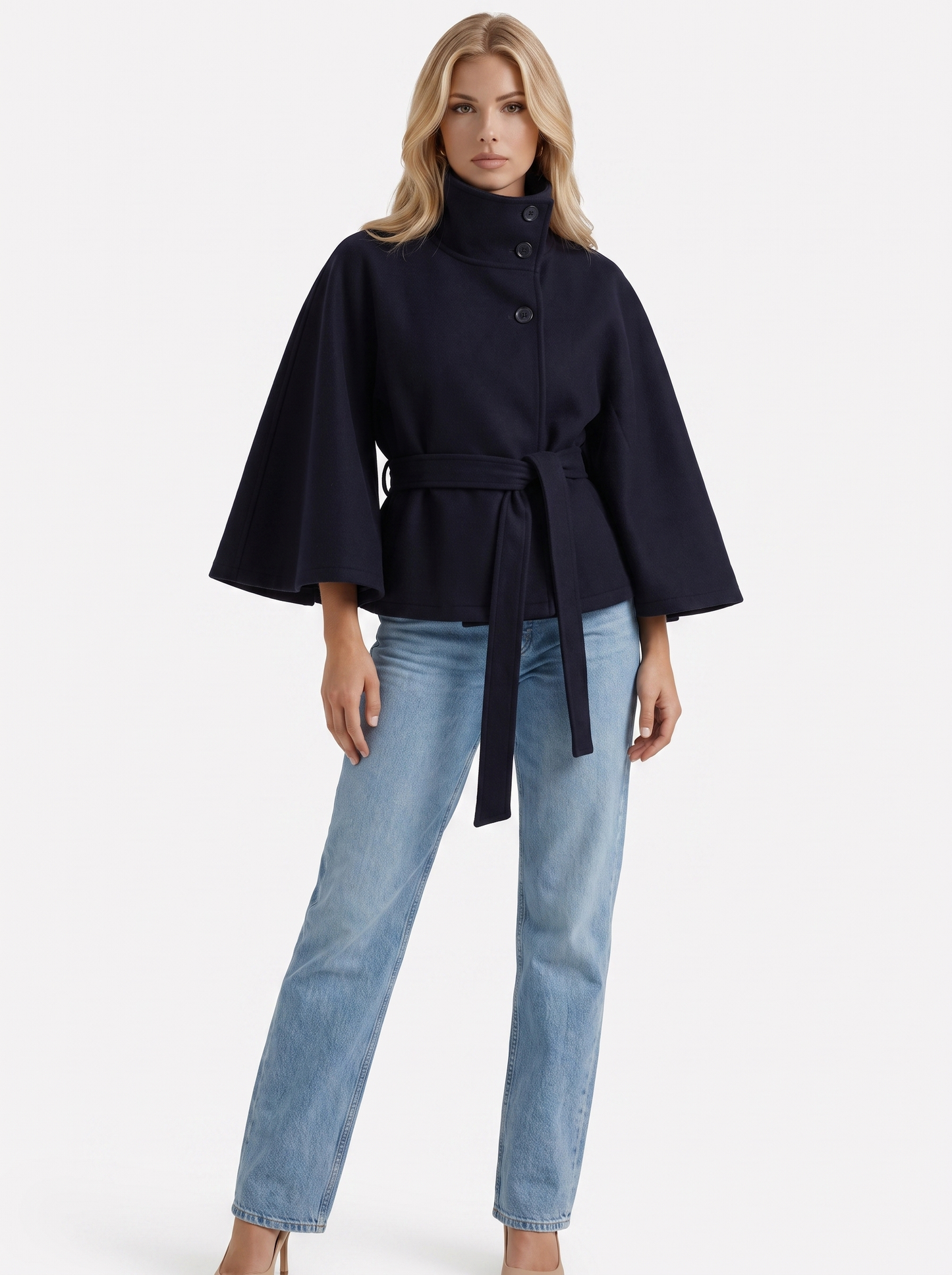 Josephine Cape Coat in Navy - coat front view