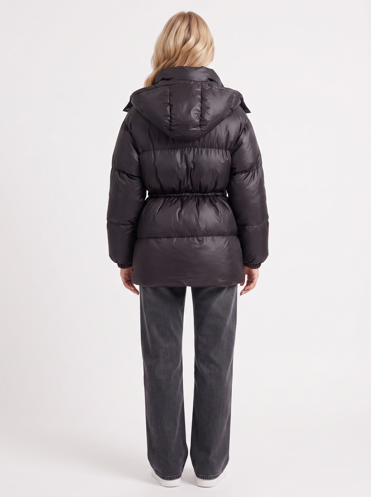 Women black jacket with hooded design and zip front closure