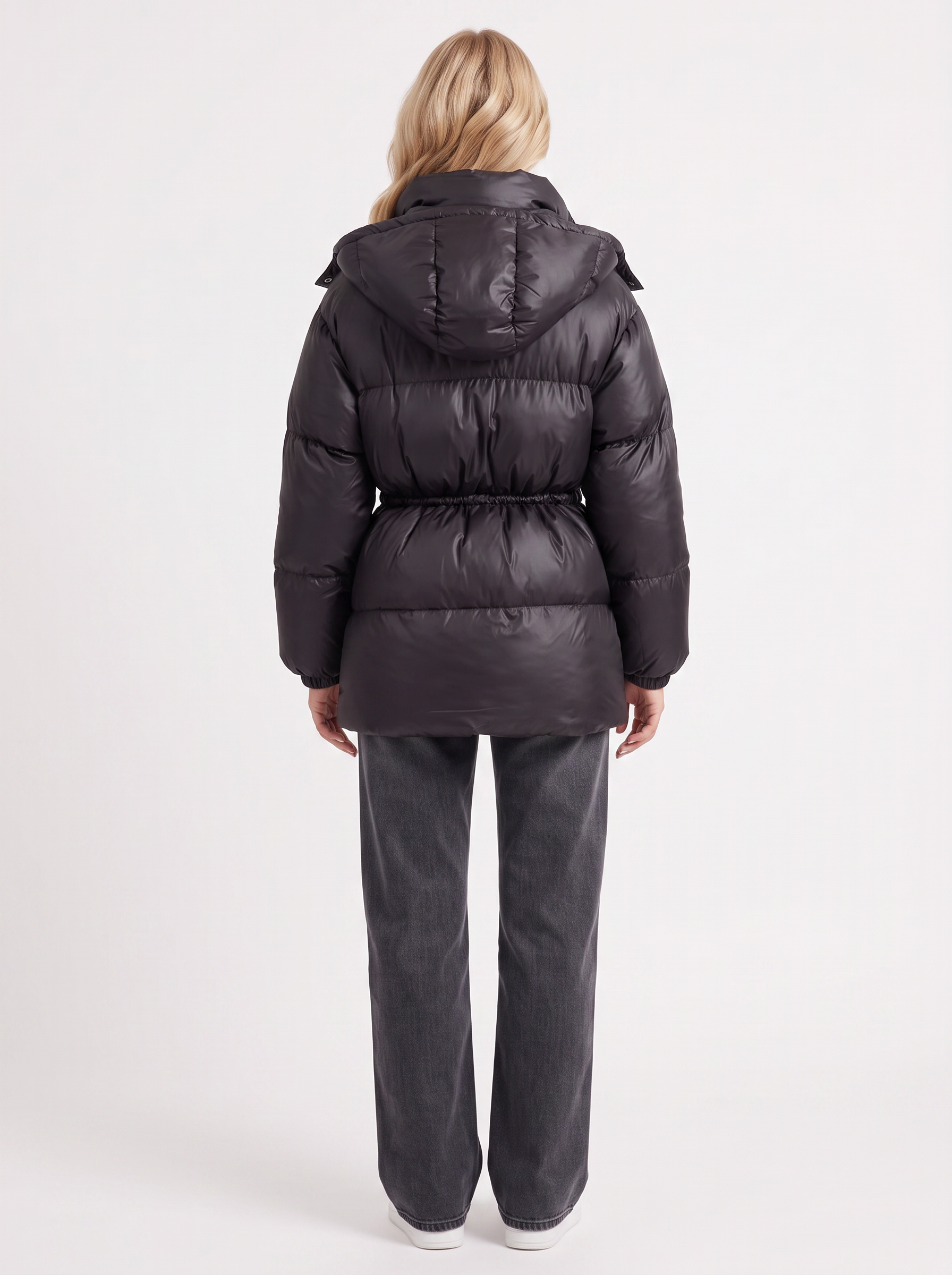 Women black jacket with hooded design and zip front closure