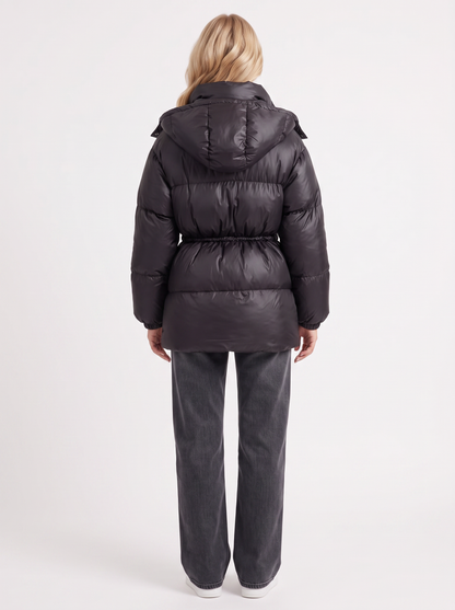 Women black jacket with hooded design and zip front closure