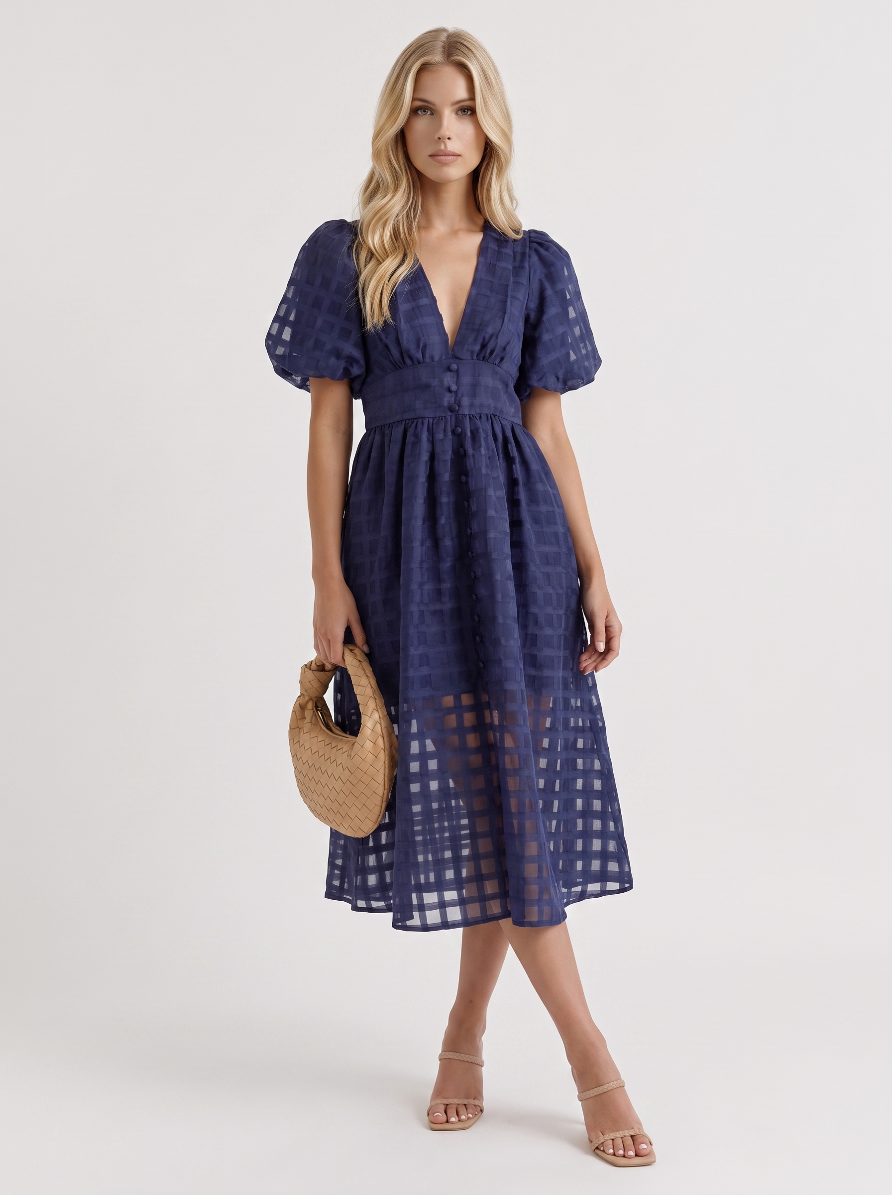 Colette Windowpane Midi Dress in Navy - midi dress front view